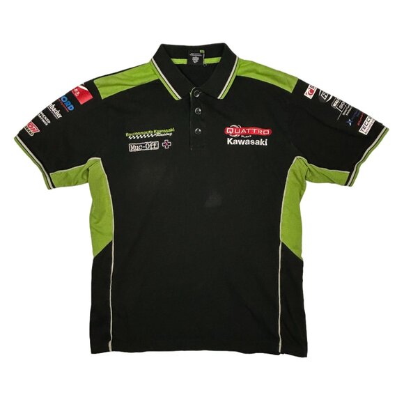 Kawasaki Quattro Plant Official Polo Shirt Men L Racing Motorcycle Black Green - Picture 1 of 13